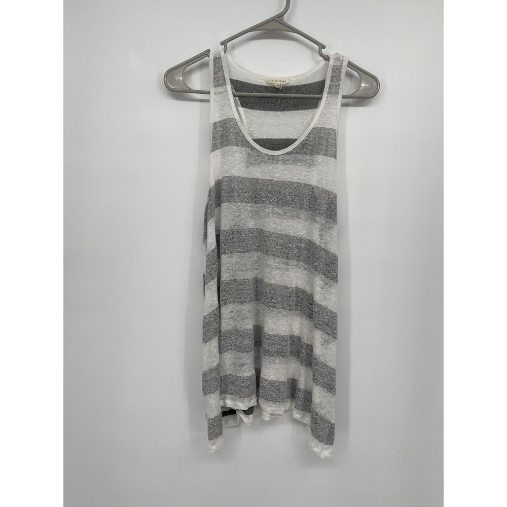 Eileen Fisher S Tank Top Women White Gray Striped Organic Linen Racerback
